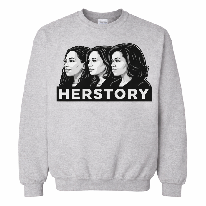 Sport gray HERSTORY graphic sweatshirt mockup featuring black and white illustrated side-profile portraits of influential Black women with bold HERSTORY lettering on a unisex fleece crewneck.