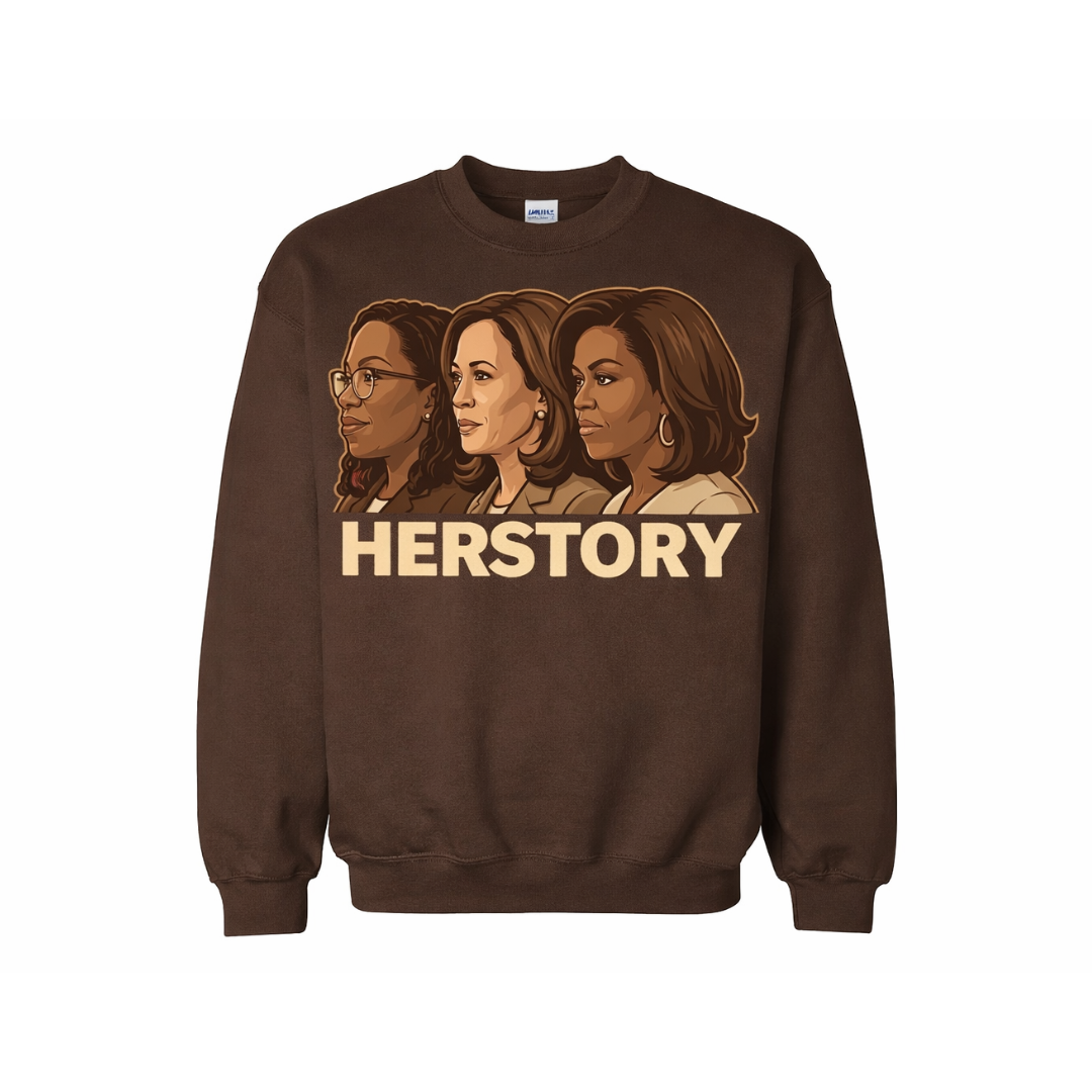 Dark chocolate brown HERSTORY graphic sweatshirt mockup featuring illustrated side profile portraits of influential Black women with bold cream lettering on a unisex fleece crewneck.