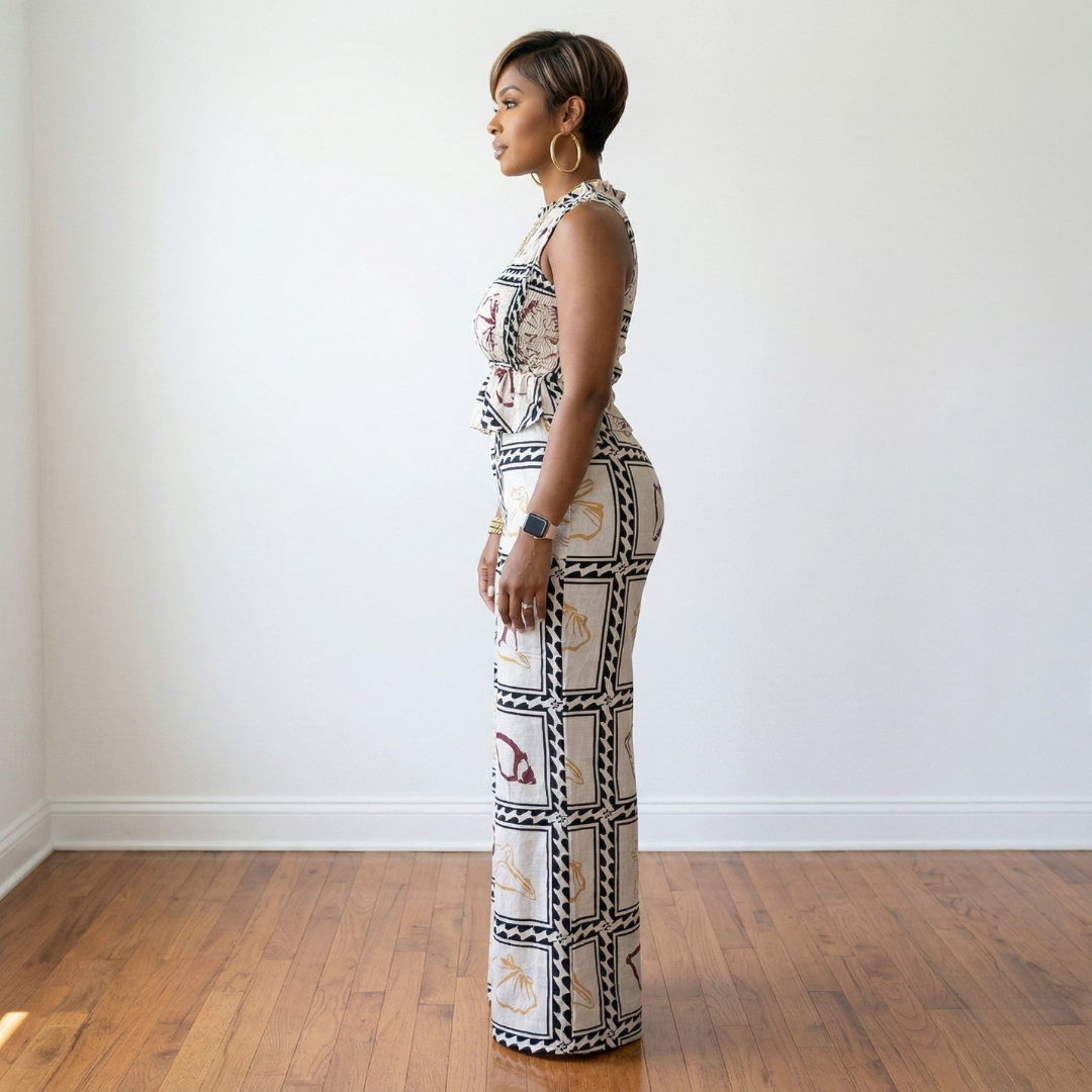 Tamera smocked top and pants set in blocked seashell print wide leg outfit