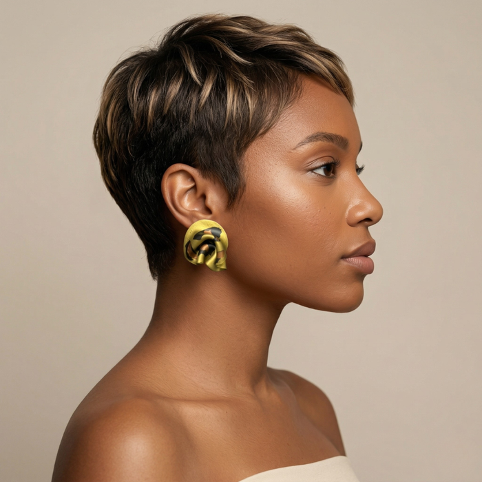 Leopard mini statement stud earrings worn side profile African American woman
