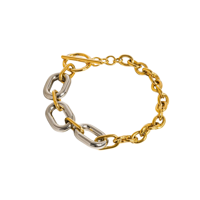 Falynn multi-chain bracelet in 18k gold and silver plated stainless steel on white surface