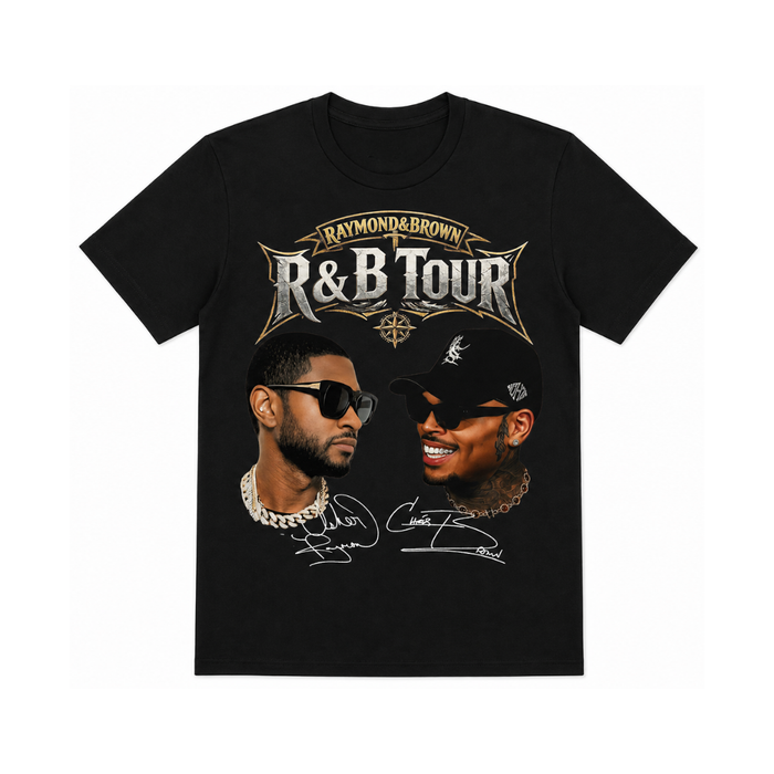 Black unisex graphic t-shirt featuring the R&B Tour vintage-inspired music graphic on a clean white background.