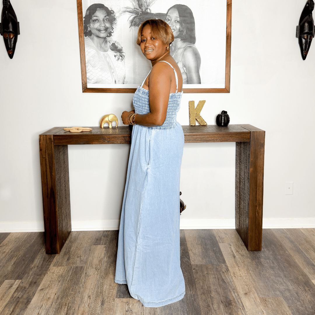 Kharter' Smocked Bodice Wide Leg Denim Jumpsuit – House of Charlotte Boutique