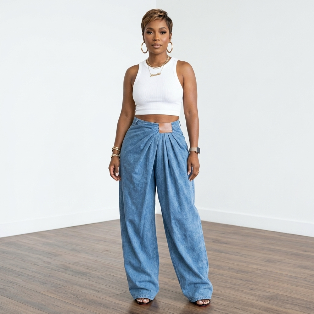 Woman wearing a white top and blue jeans standing on a wooden floor with a white wall background