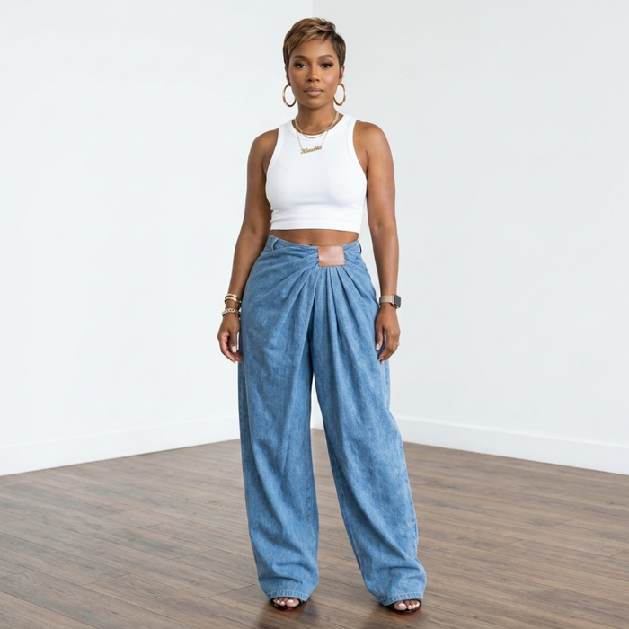 Woman wearing a white top and blue jeans standing on a wooden floor with a white wall background