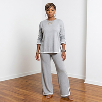 Front view of the Carmen Knit Pants Set in gray, featuring a coordinating knit top and matching full-length pants.
