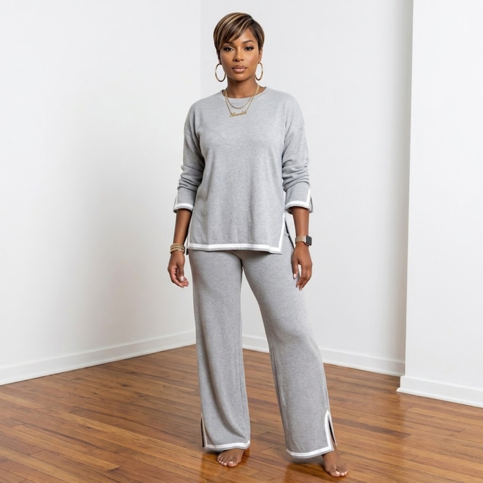 Front view of the Carmen Knit Pants Set in gray, featuring a coordinating knit top and matching full-length pants.