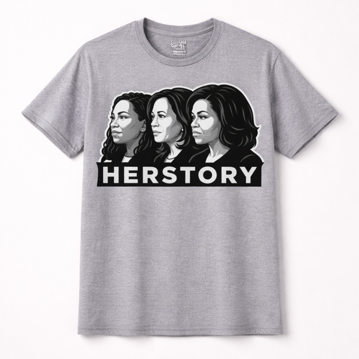 Gray t-shirt with 'HERSTORY' design featuring three women's faces on a white background