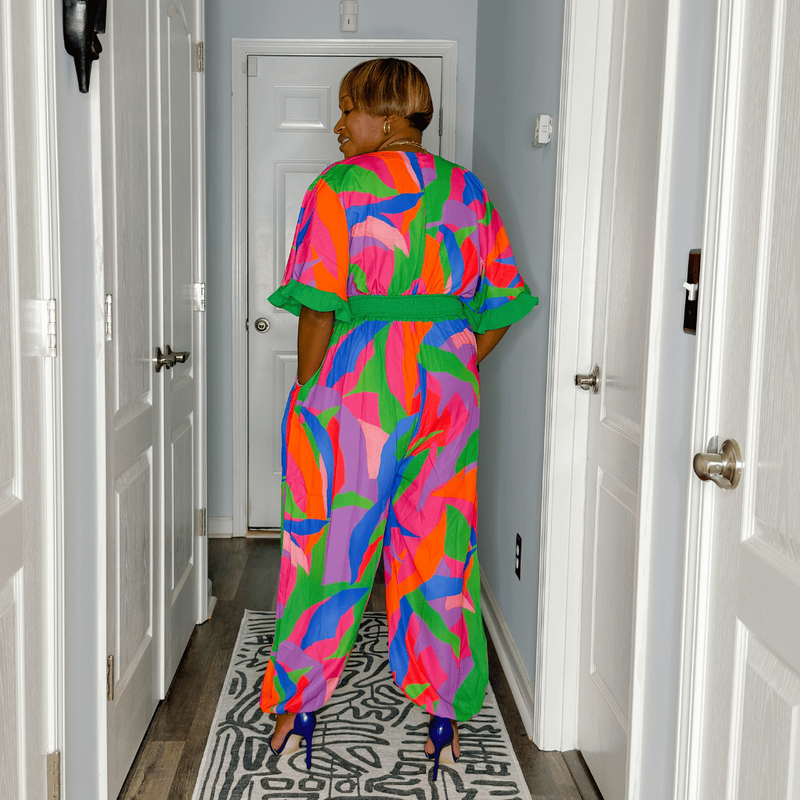 multicolored v-neck print jumpsuit