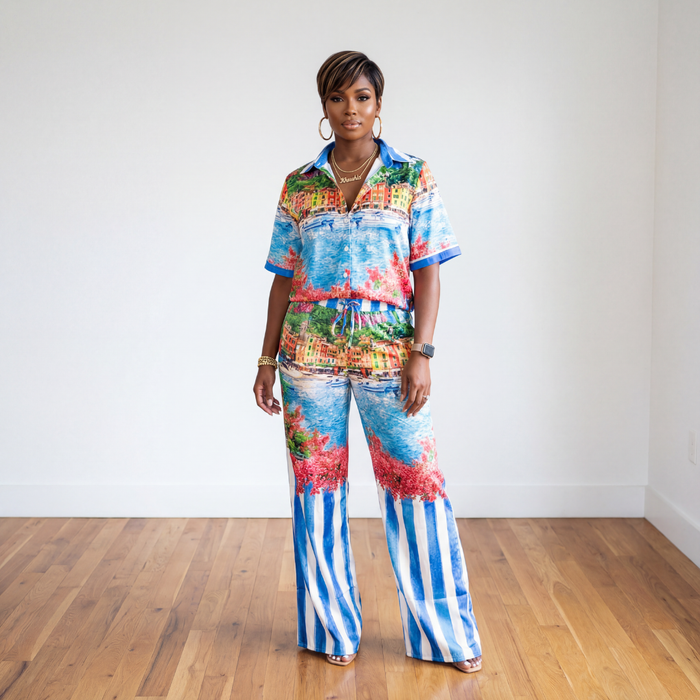 st tropez resort wear pants set blue red two piece outfit front view wide leg pants