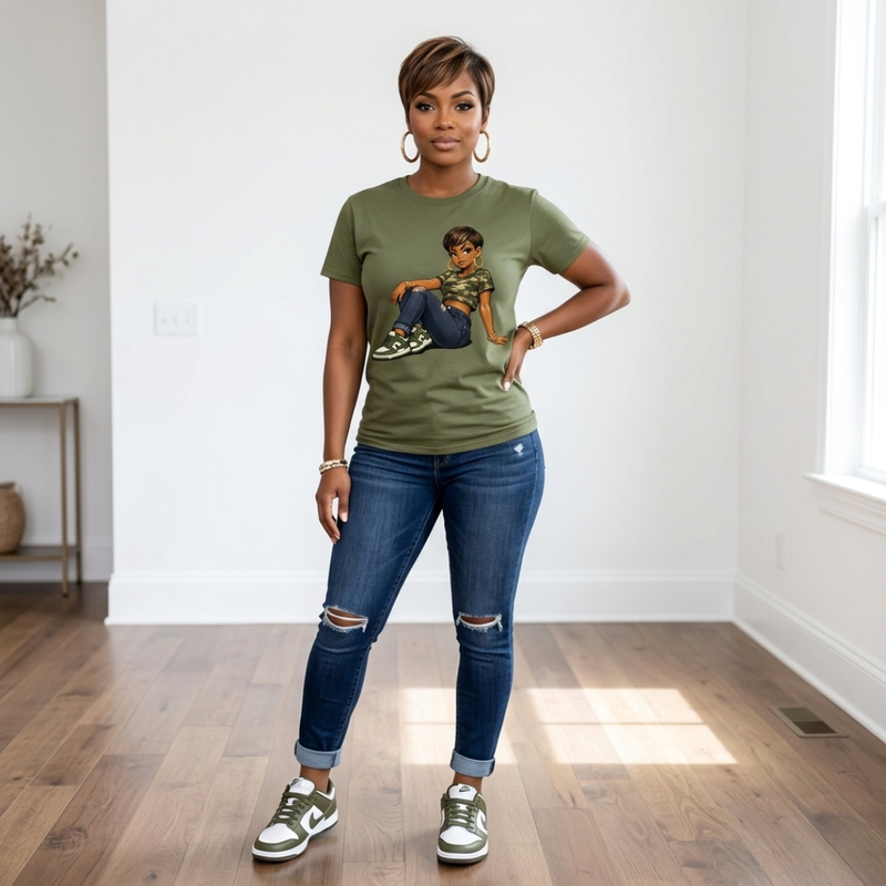 Woman wearing green Charlie Love graphic t-shirt styled with denim jeans and sneakers in a casual fashion outfit