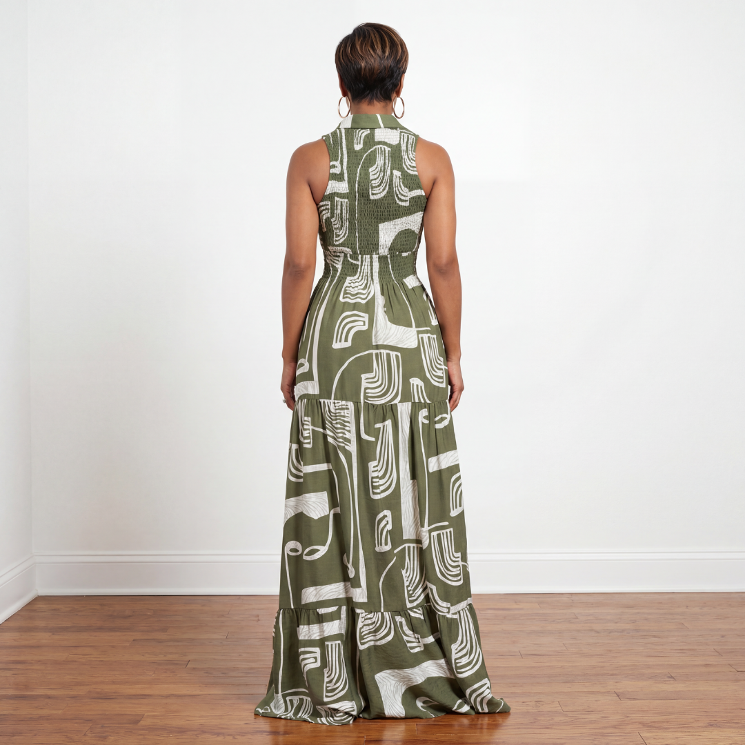 Kiara printed smocked maxi dress in olive green back view full length maxi silhouette