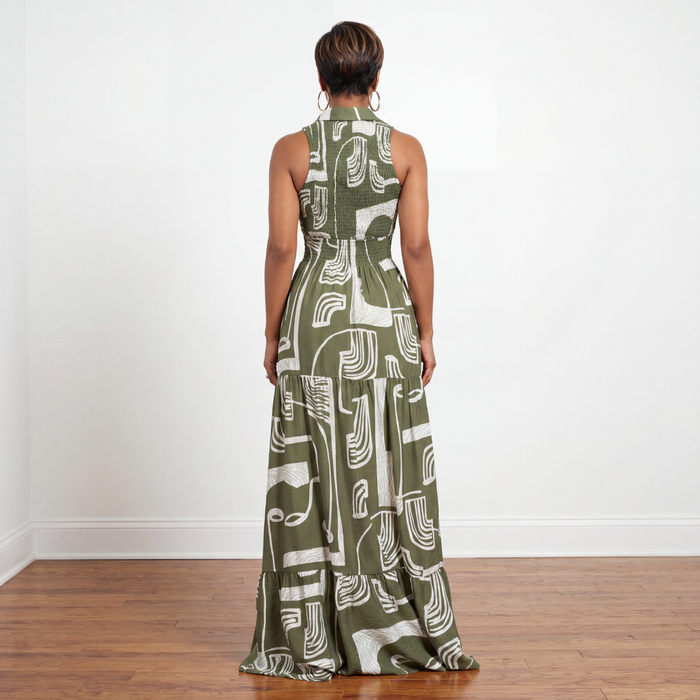 Kiara printed smocked maxi dress in olive green back view full length maxi silhouette