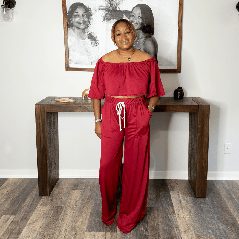 Off Shoulder Crop Top and Palazzo Pants Set | Burgundy