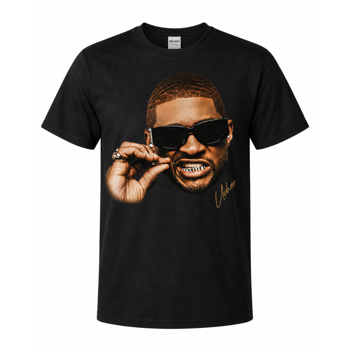 mockup of black Usher graphic tee