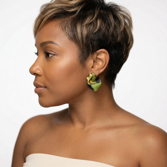 Camo mini statement stud earrings worn side profile African American woman
