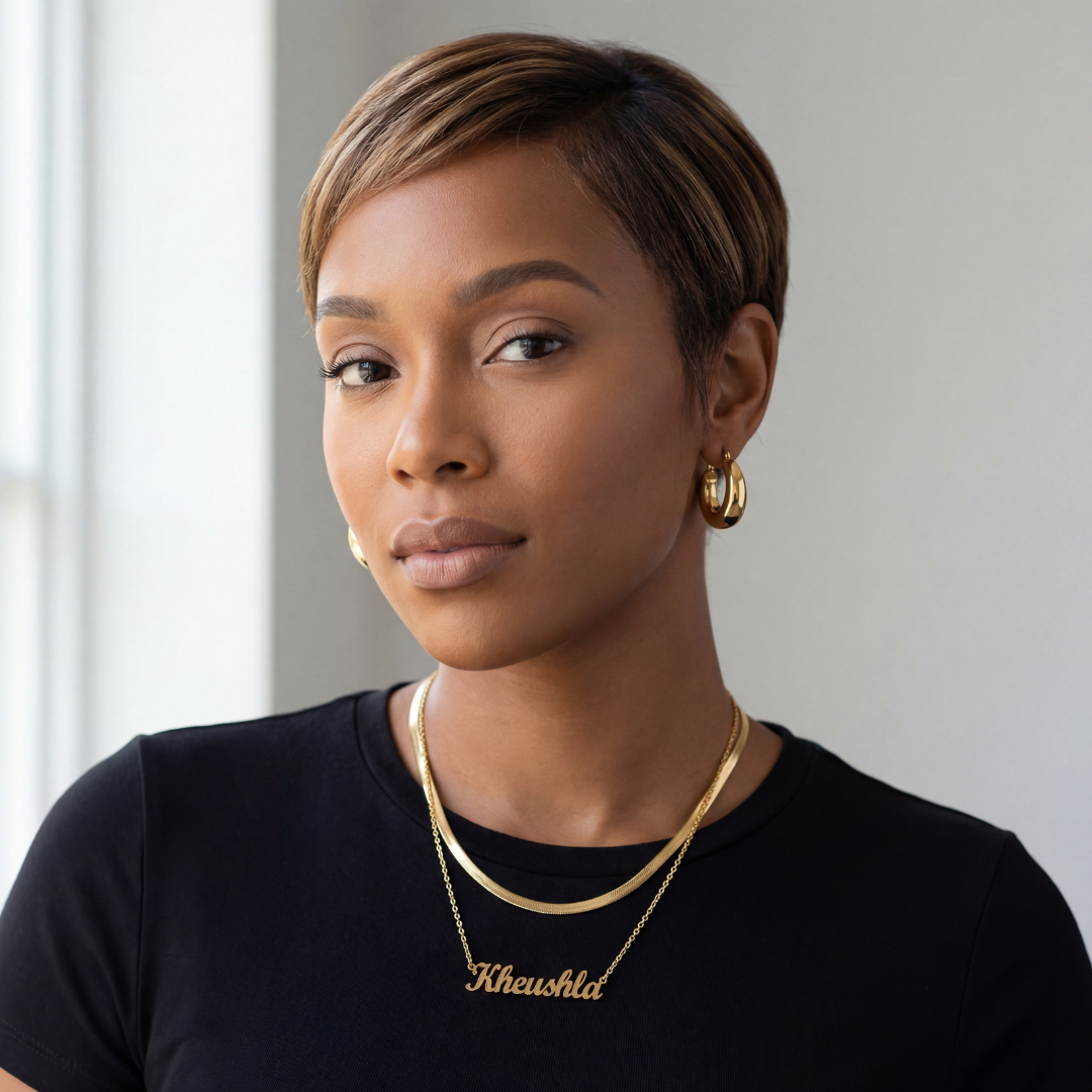 Woman wearing a black top with 'Khleushla' embroidered on it, a gold necklace, and earrings.