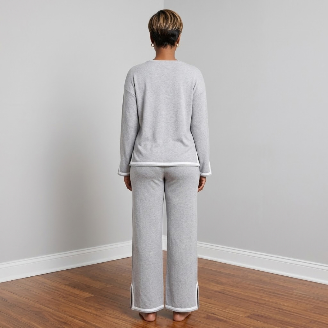 Back view of the Carmen Knit Pants Set in gray, showing the knit top and matching full-length pan