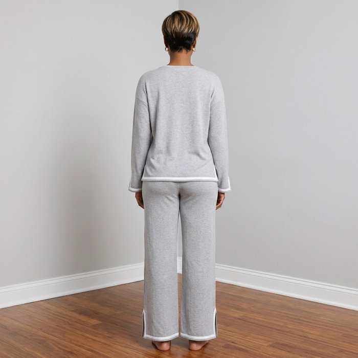 Back view of the Carmen Knit Pants Set in gray, showing the knit top and matching full-length pan