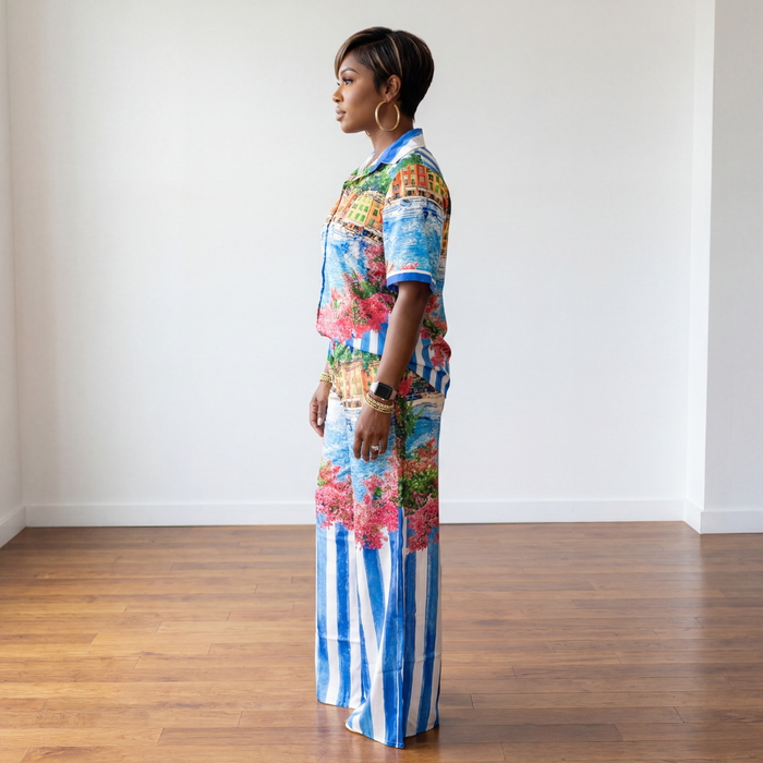 blue red resort wear pants set side profile wide leg flowy pants two piece outfit