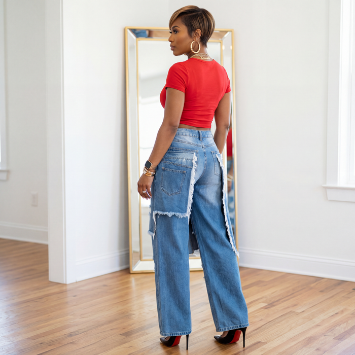 Side and back view of Estelle distressed double layer wide leg jeans showing layered construction and distressing