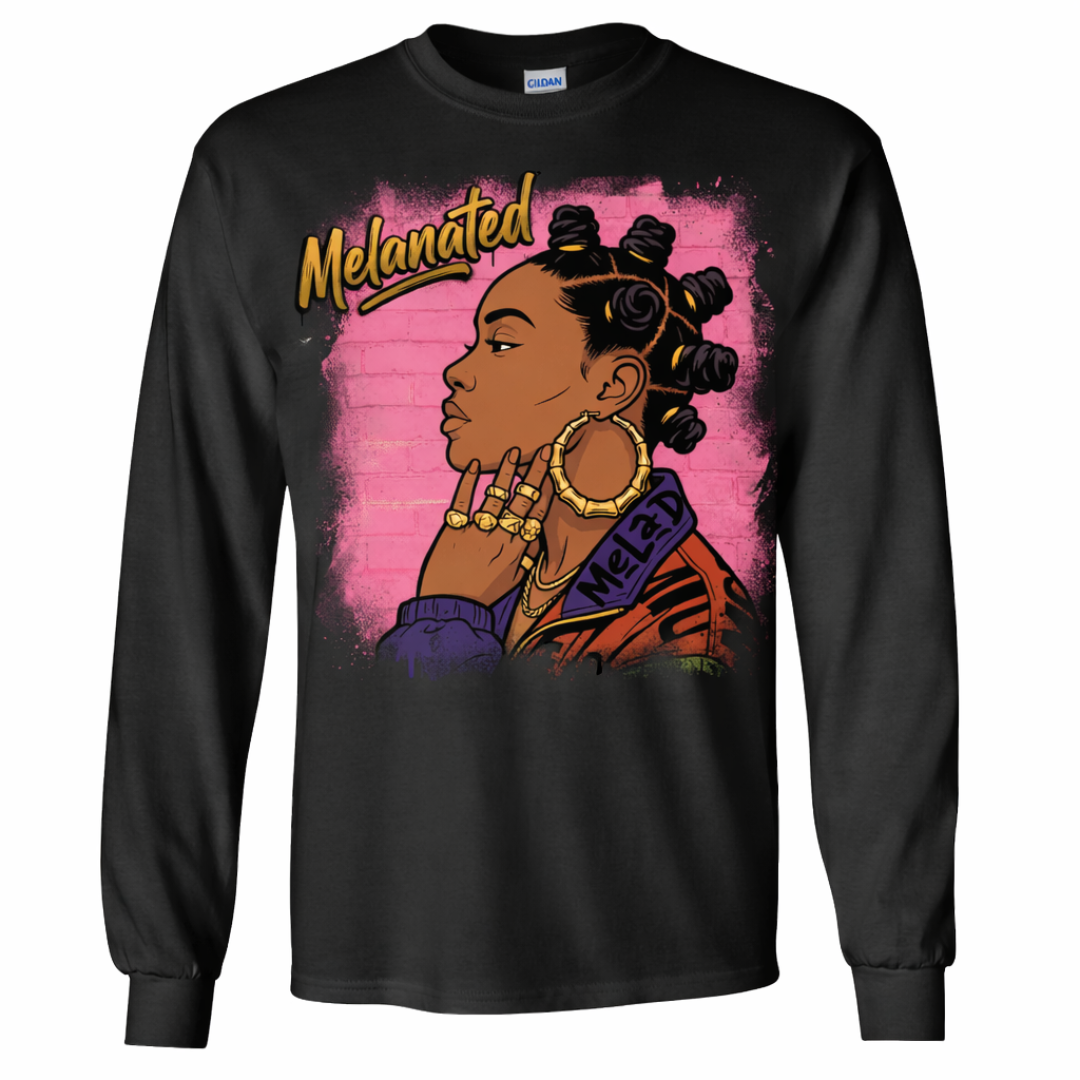 Black long-sleeve shirt with a graphic of a woman and 'Melanated' text on a pink background