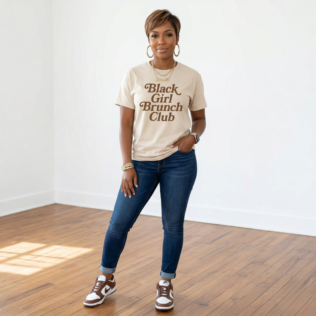 Black Girl Brunch Club graphic t-shirt in sand color with brown lettering, unisex cotton tee flat lay