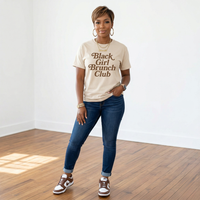Black Girl Brunch Club graphic t-shirt in sand color with brown lettering, unisex cotton tee flat lay
