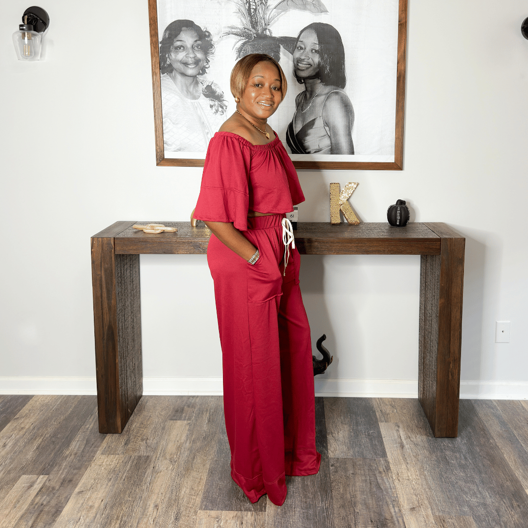 Lissa' Off Shoulder Crop Top and Palazzo Pants Set | Burgundy – House of  Charlotte Boutique