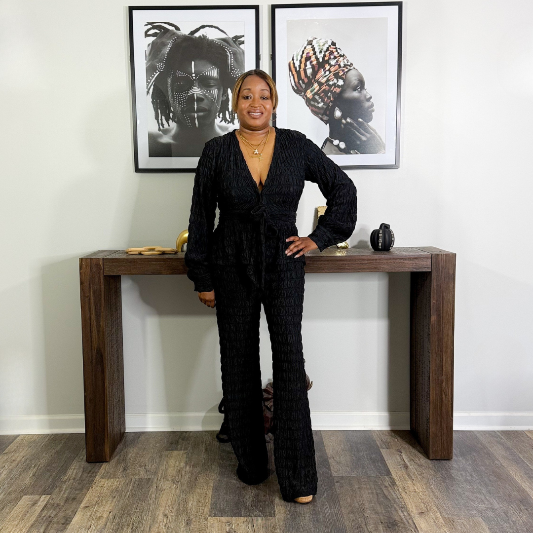 Textured V-Neck Pants Set | Black