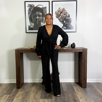 Textured V-Neck Pants Set | Black