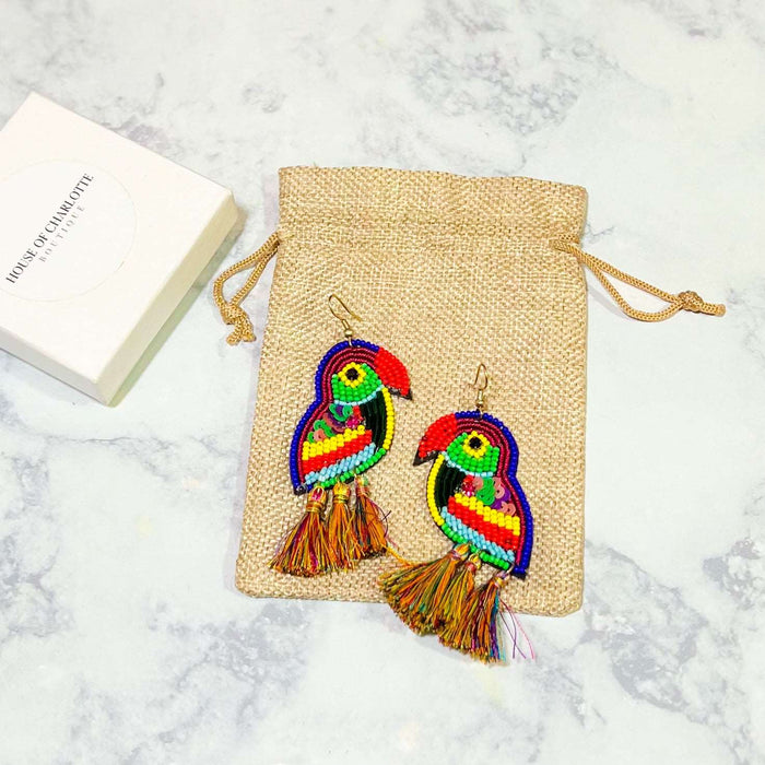 beaded parrot tassel earrings