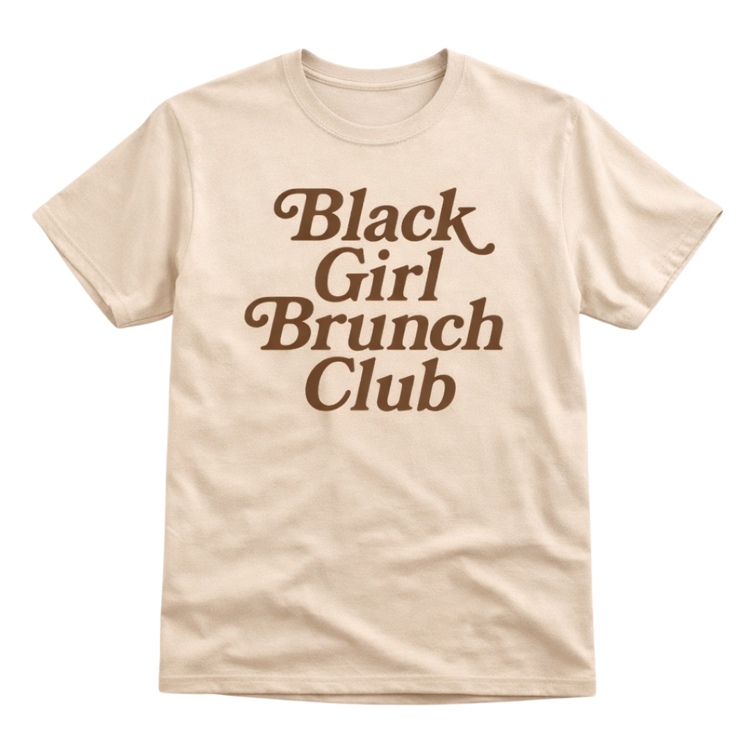 Woman wearing Black Girl Brunch Club sand graphic t-shirt with skinny jeans and brown white sneakers