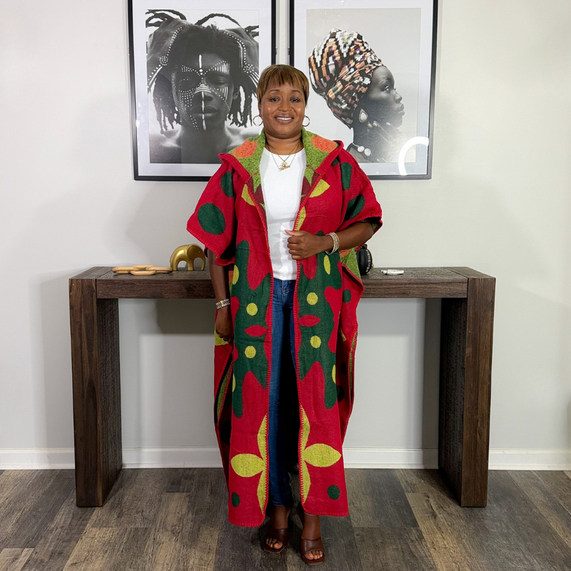 Hooded Knit Cardigan | Red Multi