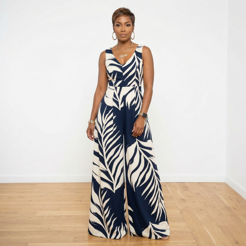 Dion navy leaf print V-neck loose fit jumpsuit worn by model – House of Charlotte Boutique