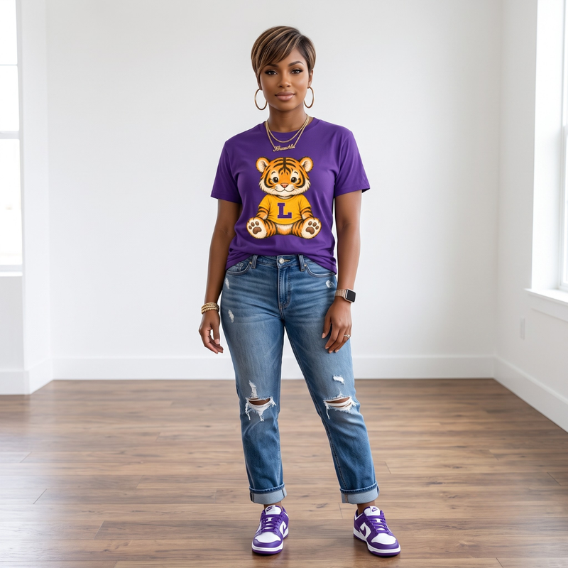African American woman wearing the Tiger Game Day Tee in purple featuring an Bengal tiger graphic, styled with cuffed distressed jeans and purple and white Nike Dunk sneakers.