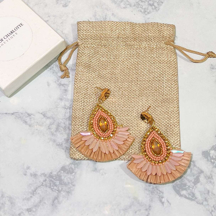 Beaded Raffia Fan Earrings