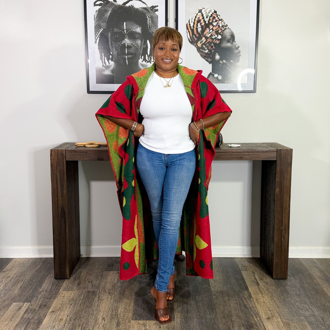 Hooded Knit Cardigan | Red Multi
