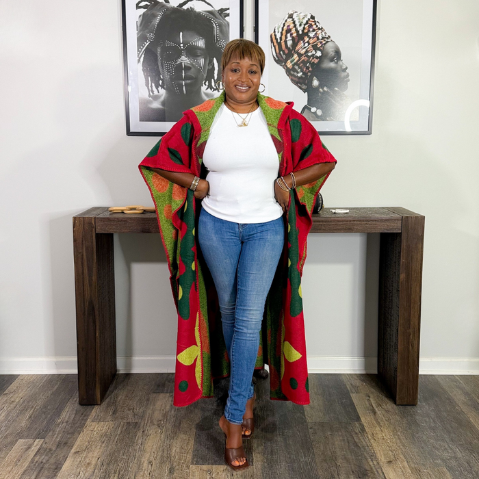 Hooded Knit Cardigan | Red Multi