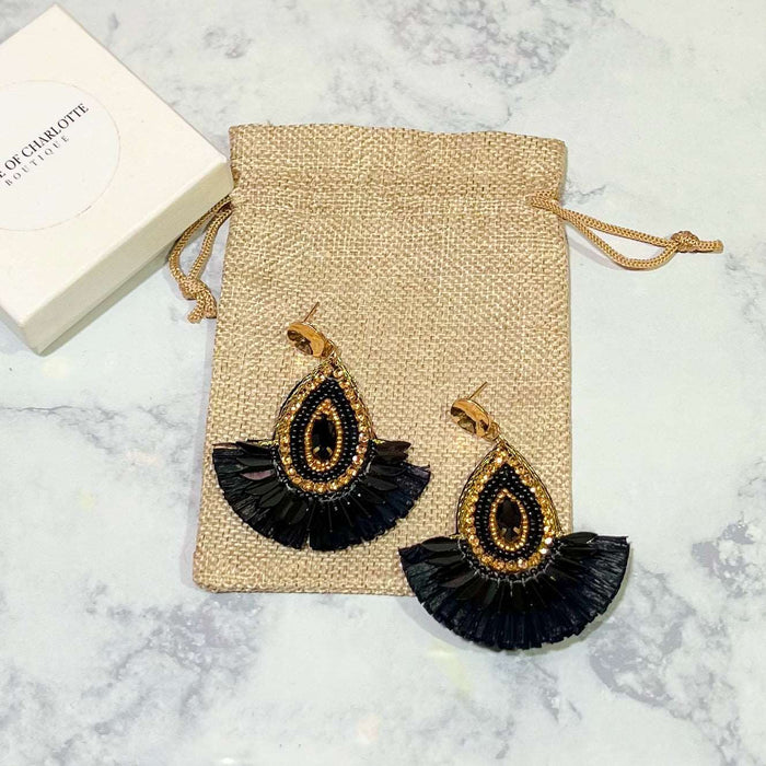 Beaded Raffia Fan Earrings