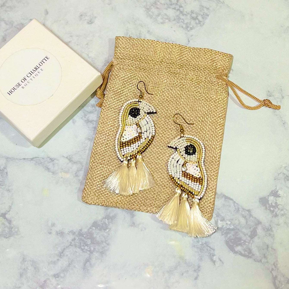 beaded parrot tassel earrings