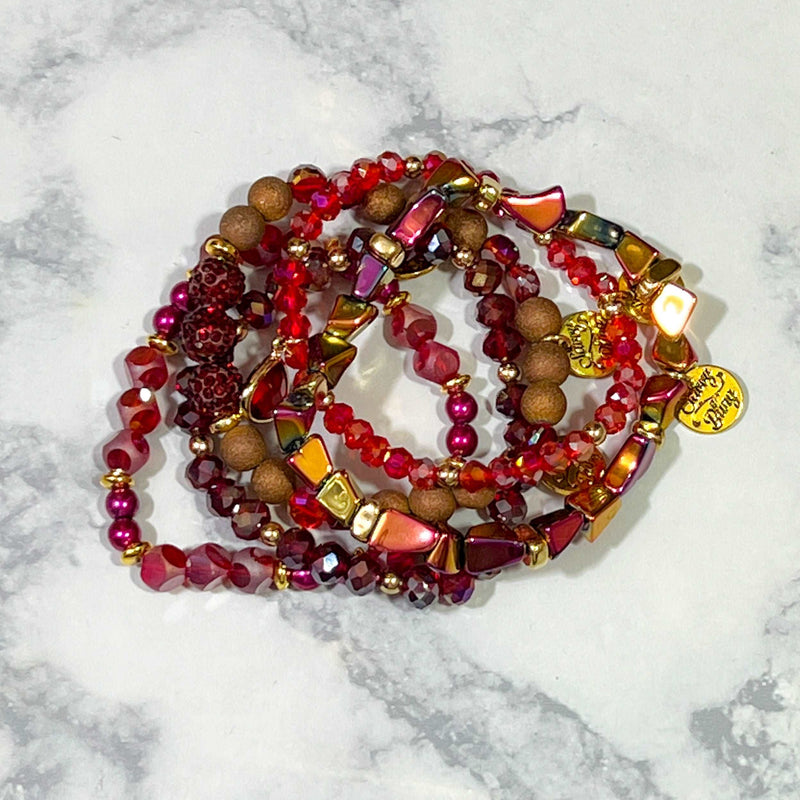 Cranberry Sizzle Beaded Bracelet Stack