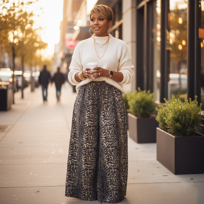 Woman in a white sweater and leopard print pants standing on a city street.