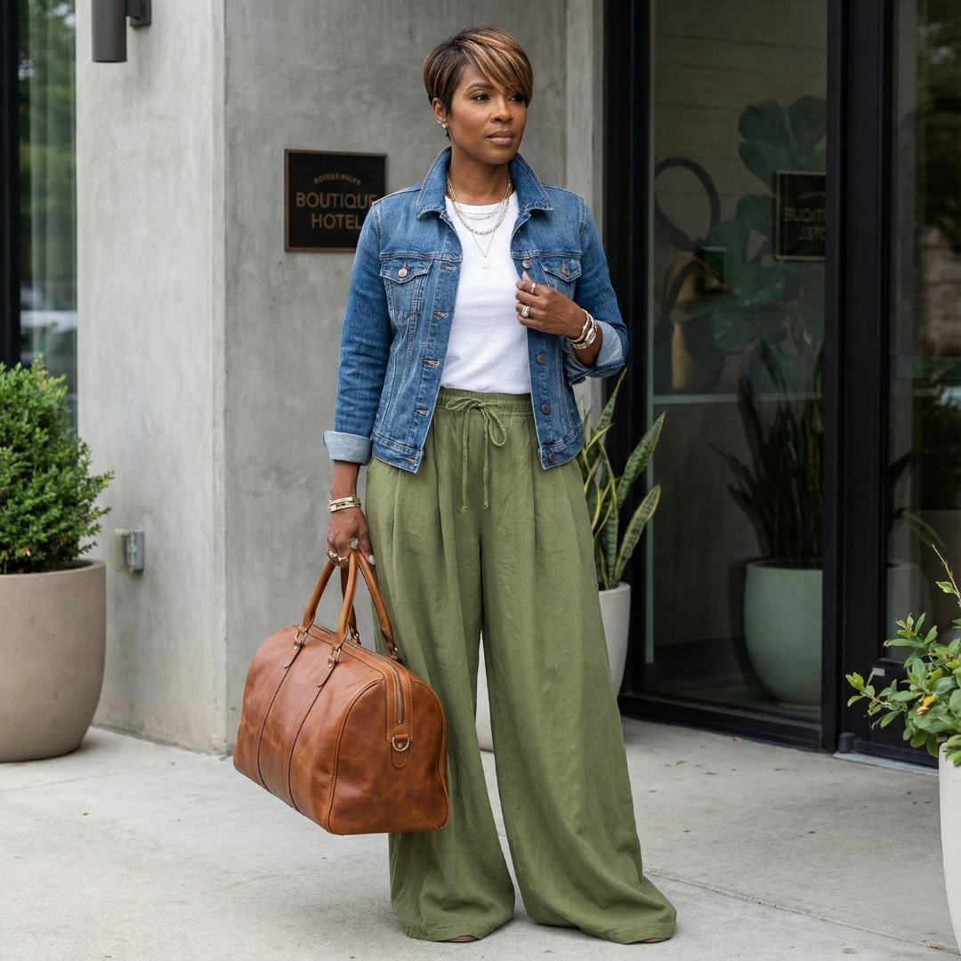 Woman in green pants and blue denim jacket holding a brown leather bag, standing outside a building.