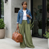 Woman in green pants and blue denim jacket holding a brown leather bag, standing outside a building.