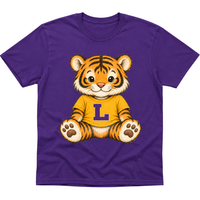 A purple short-sleeve crewneck t-shirt featuring a cartoon graphic of a smiling tiger cub wearing a yellow shirt with a purple letter 'L' on the chest, set against a plain white background.
