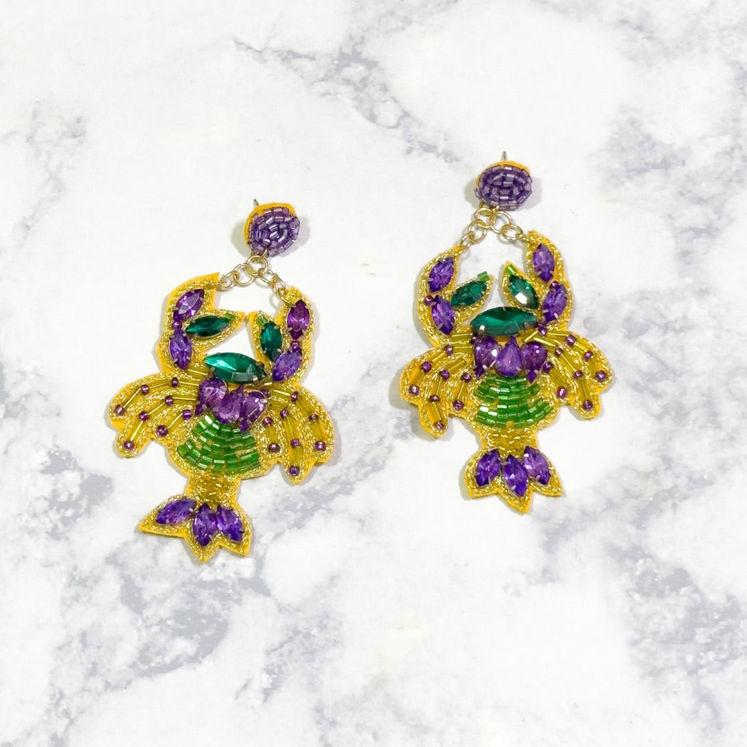 Mardi Gras Jeweled Crawfish Earrings 