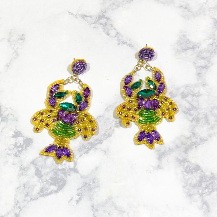 Mardi Gras Jeweled Crawfish Earrings 