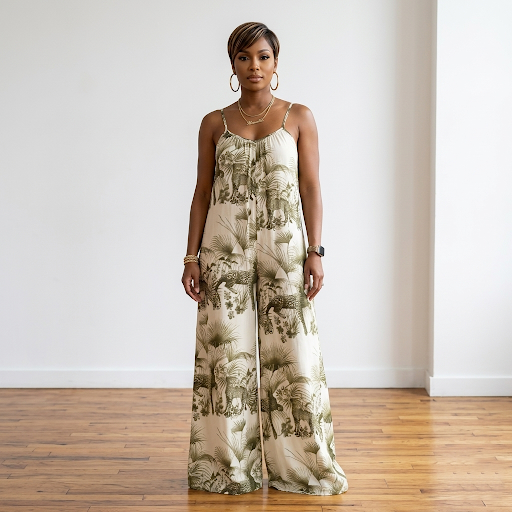 Sarai safari printed wide leg jumpsuit in olive with v-neck and spaghetti straps, front view on model