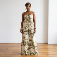 Sarai safari printed wide leg jumpsuit in olive with v-neck and spaghetti straps, front view on model